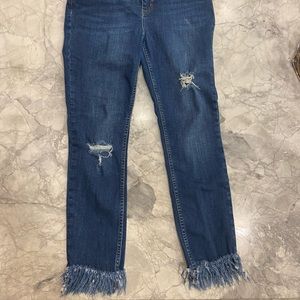 Free People Dark Wash Frayed Bottom Skinny Jeans